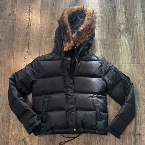 DKNY active Black Puffer Jacket with Faux Fur Trim women medium - Picture 1 of 8